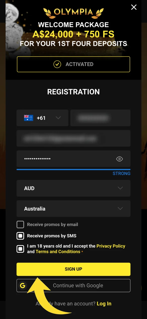 Fill in your personal details on the Olympia iOS registration form.