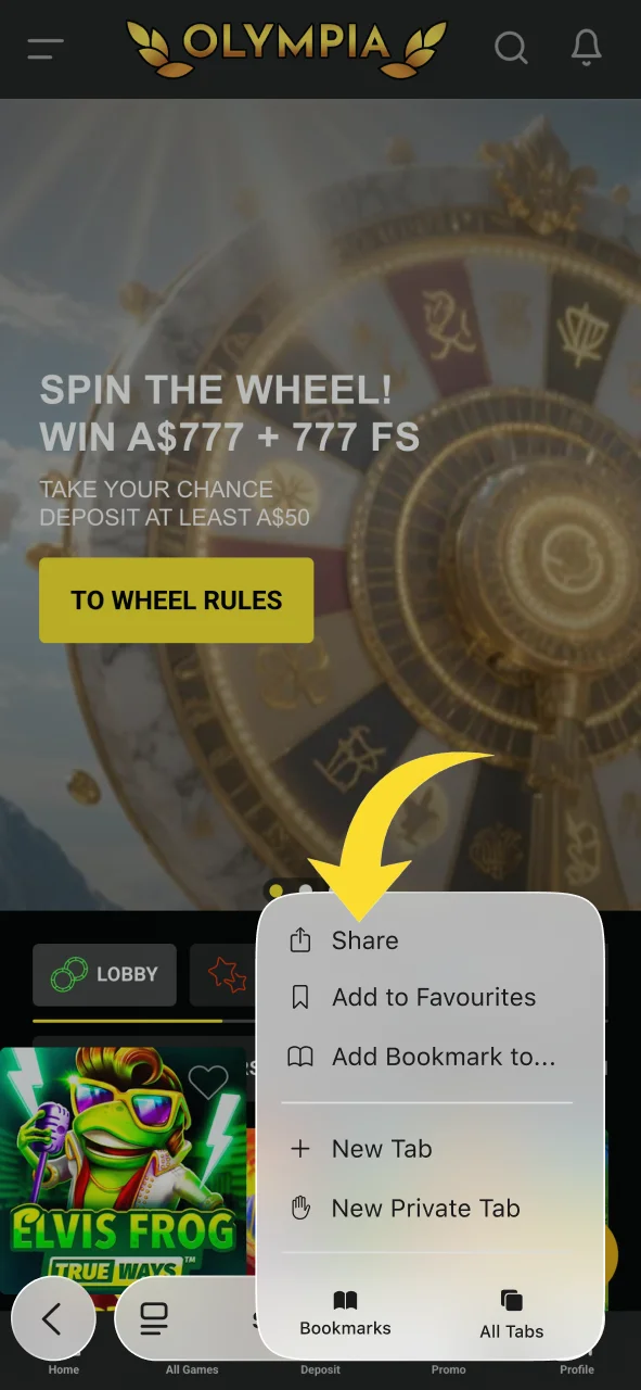 Tap the Safari share icon to begin the Olympia app installation.