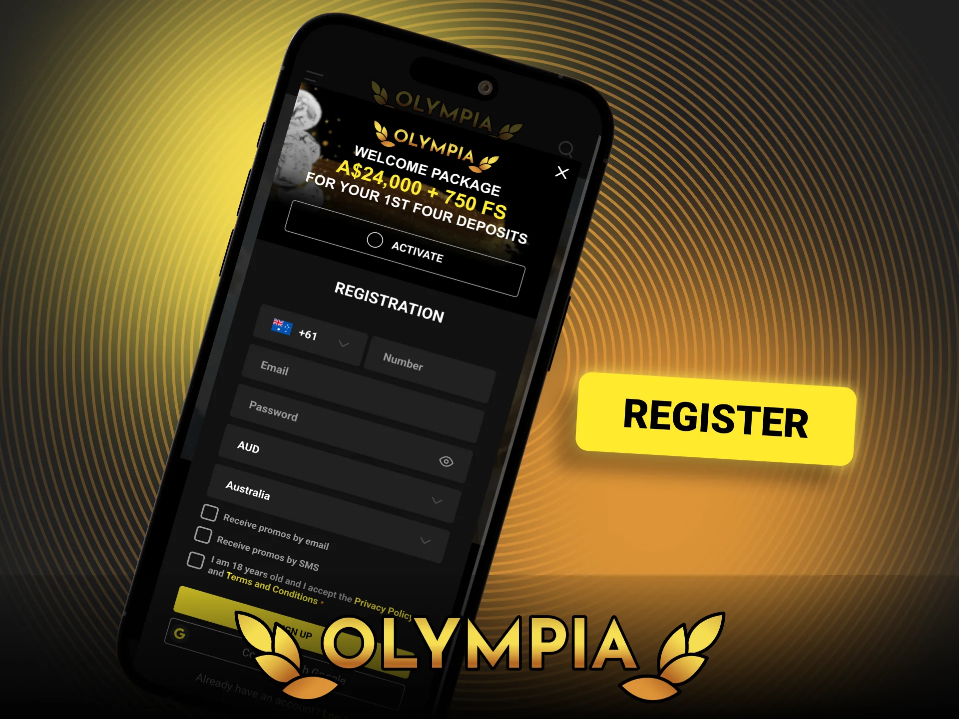 Open the Olympia registration form on your mobile device.