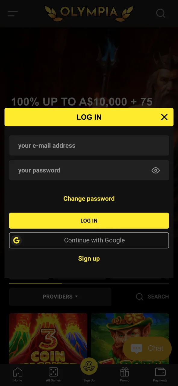 Access the Olympia PWA login screen for quick account entry.