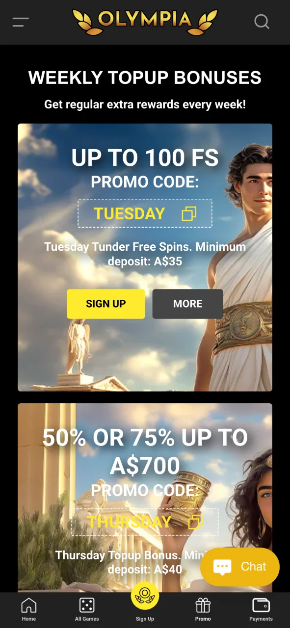 View current bonuses and offers in the Olympia PWA promotions tab.