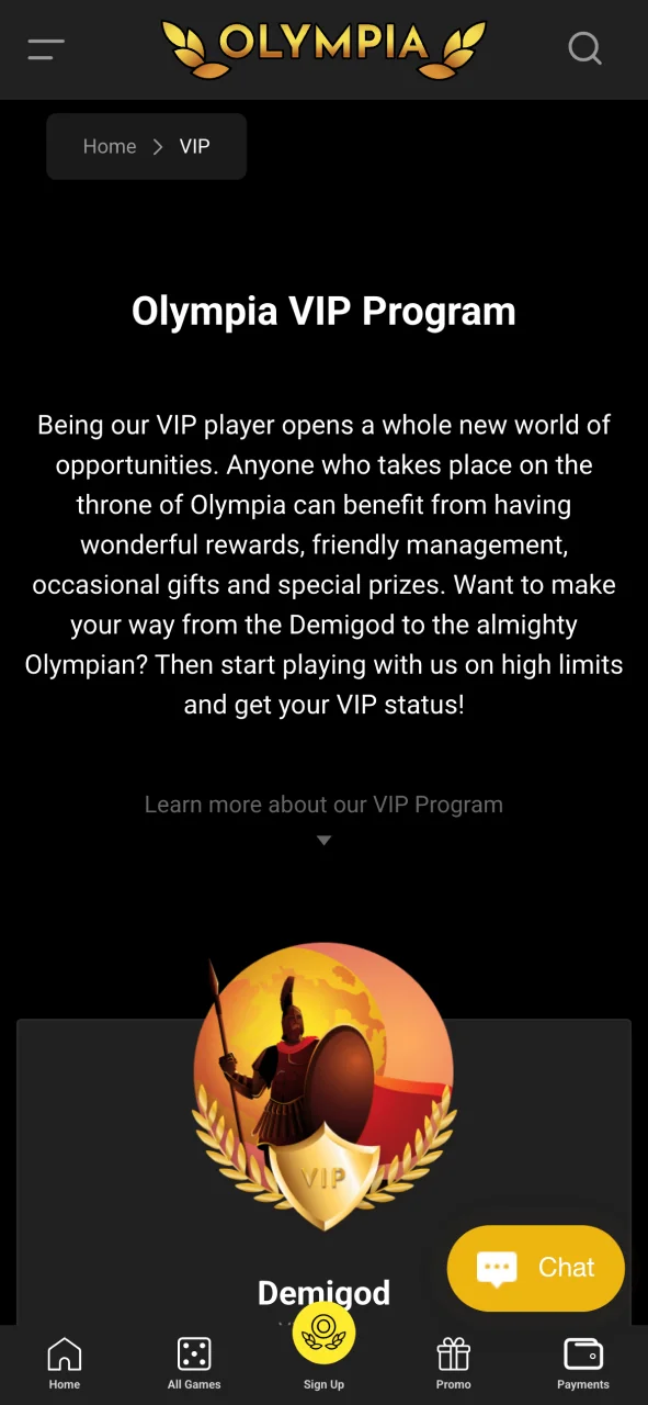 Explore exclusive VIP levels and rewards in the Olympia PWA.