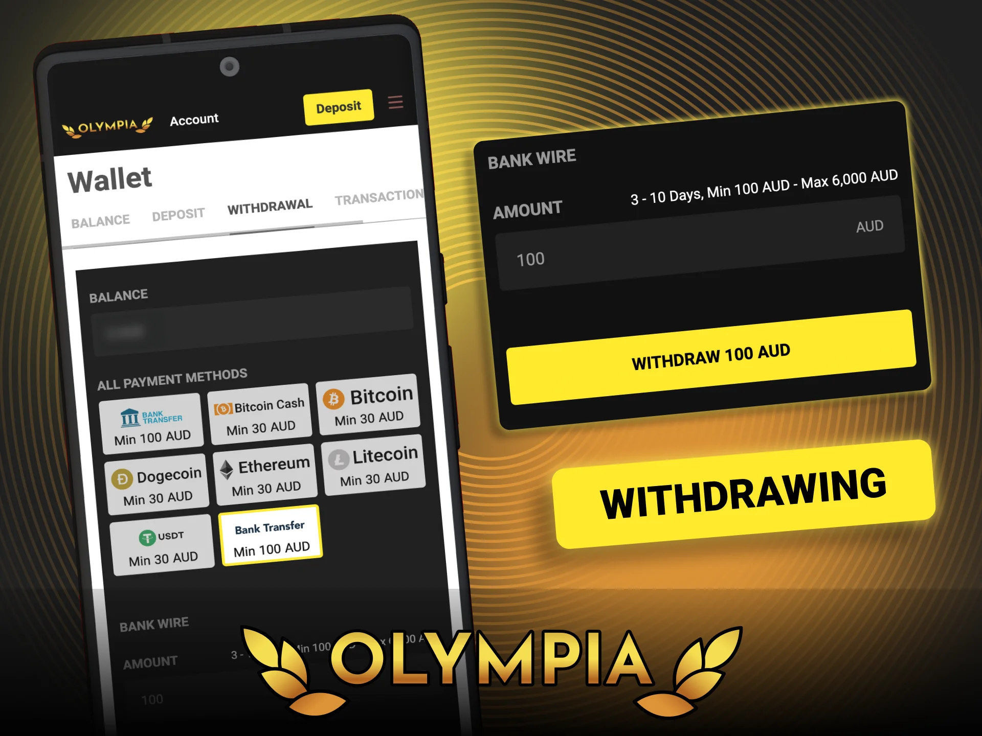 Select your preferred withdrawal method in the Olympia app interface.