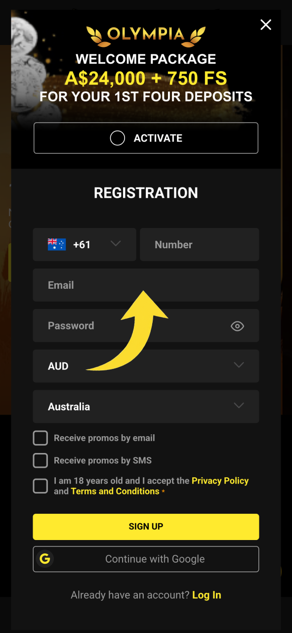 Enter your details on Olympia now and complete registration quickly and securely.