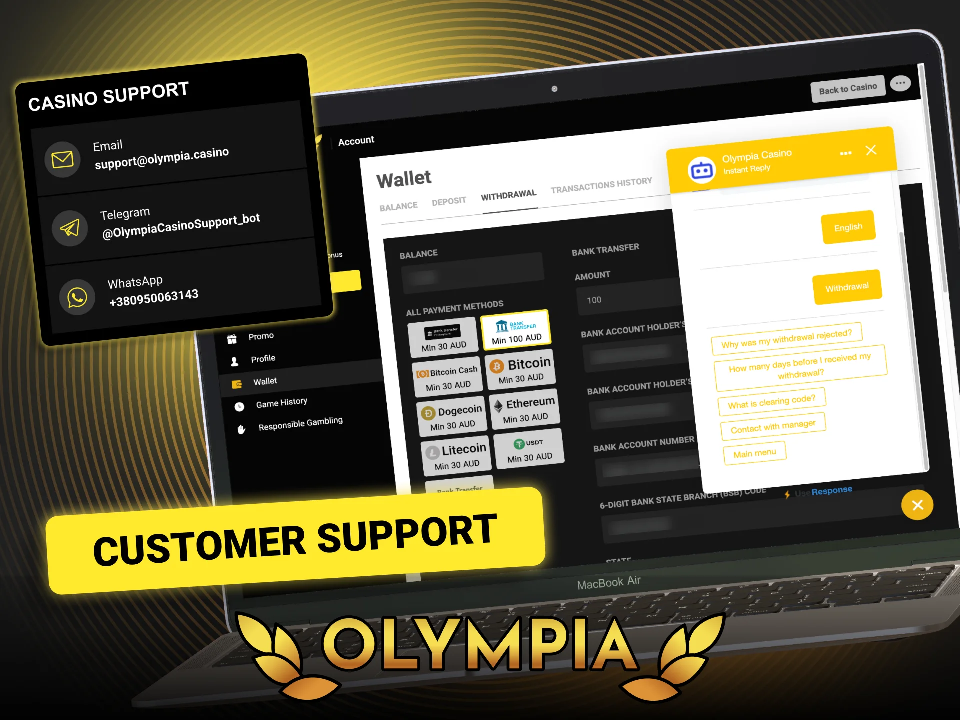 Find all Olympia customer support channels in the mobile app menu.