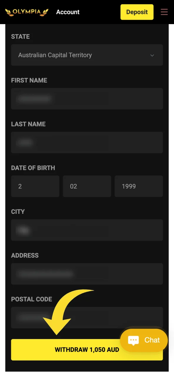 Confirm your withdrawal request in the Olympia app after reviewing details.