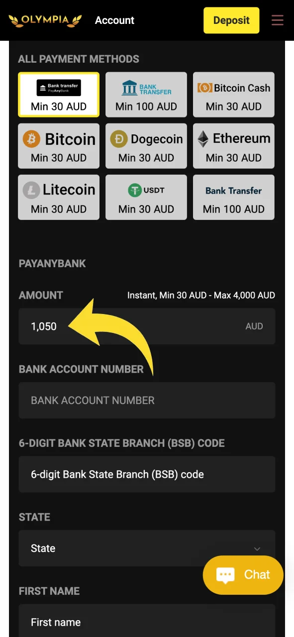 Input the desired cash-out value in the Olympia mobile withdrawal form.