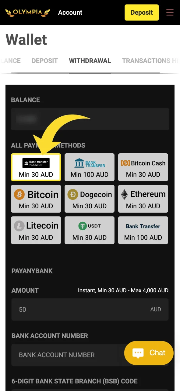 Select your preferred withdrawal method from the Olympia payment options.