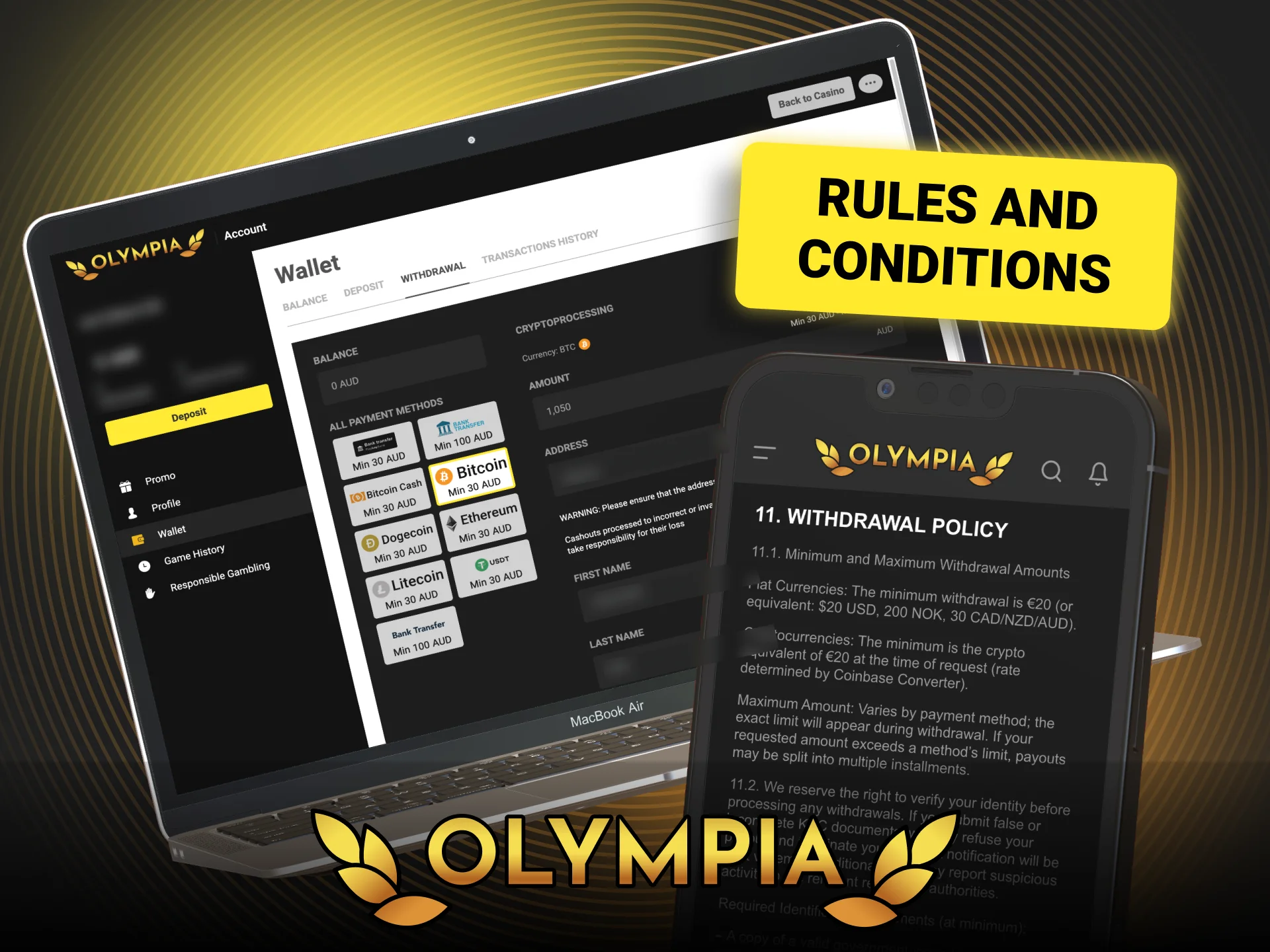 Review the Olympia withdrawal rules and conditions for Australian players.